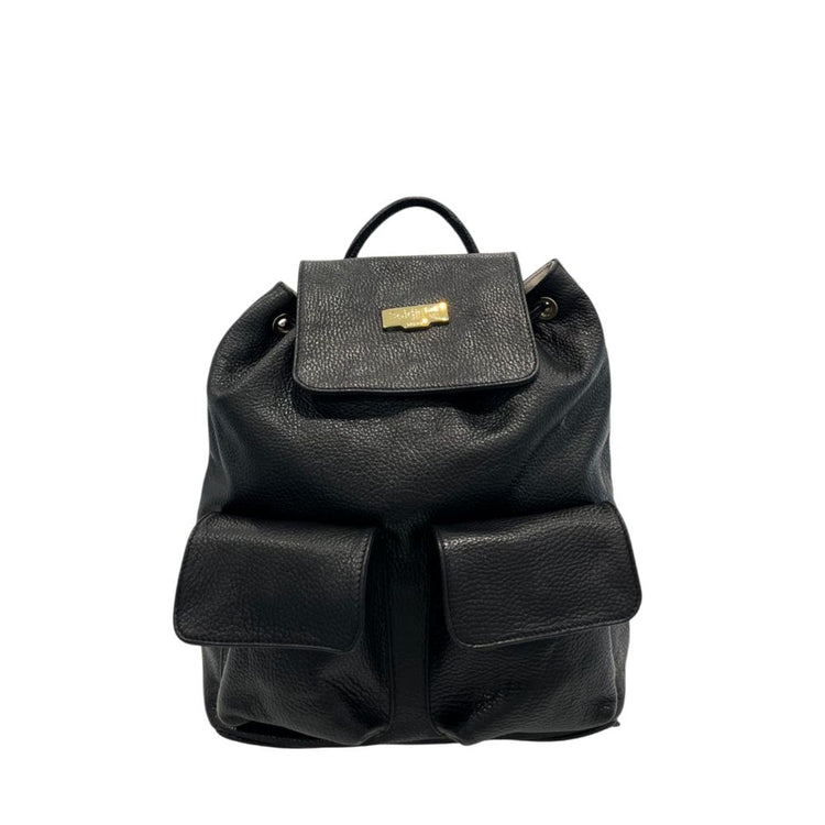 Baldinini Trend - Textured Cowhide Flap Backpack with Gold Hardware - Black Baldinini Trend
