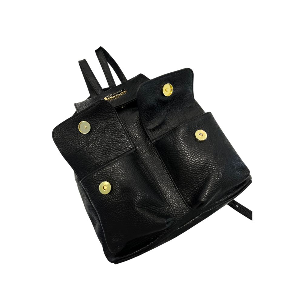 Baldinini Trend - Textured Cowhide Flap Backpack with Gold Hardware - Black Baldinini Trend