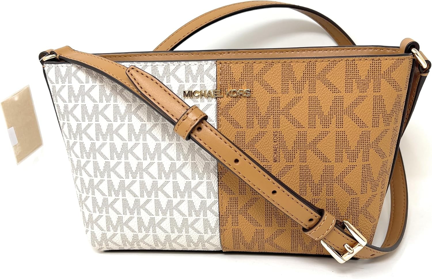 Michael Kors - Chic Two-Tone Logo Print Compact Crossbody Bag - Brown White Michael Kors
