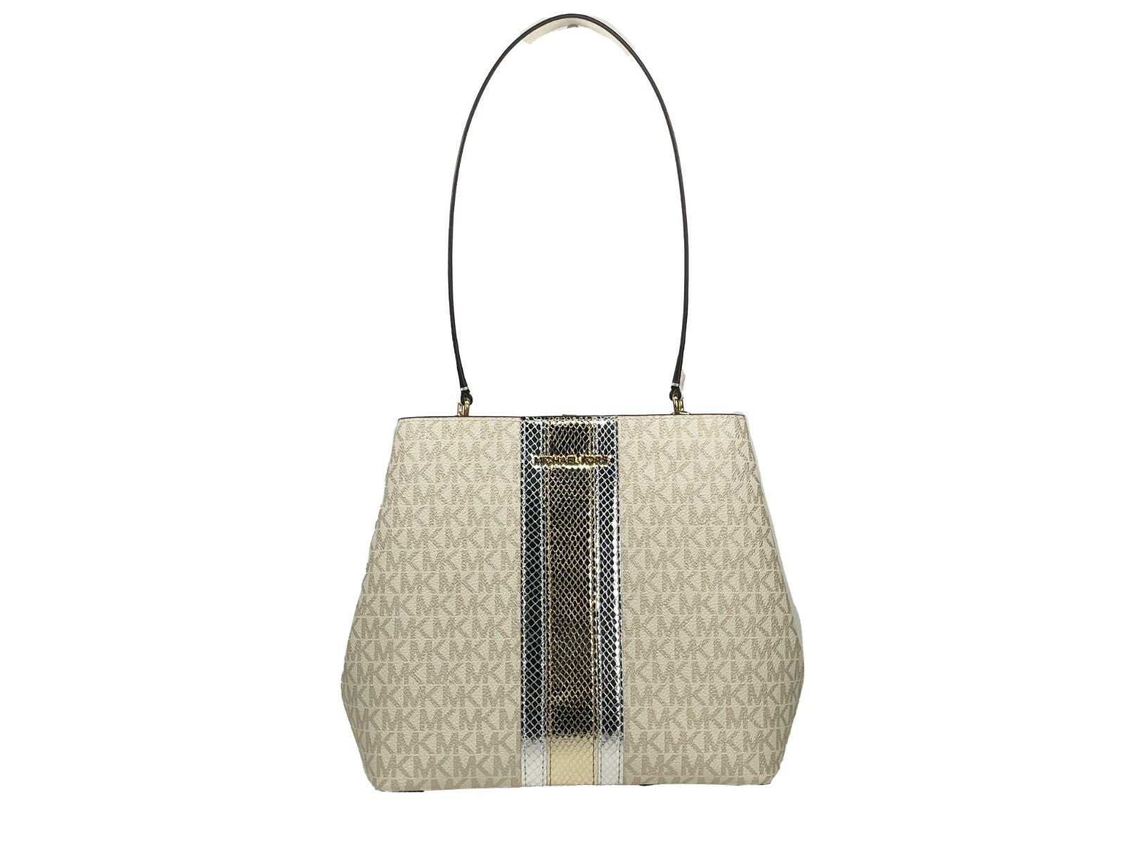 Michael Kors - Polished Logo Print Medium Bucket Shoulder Bag - Pale Gold Michael Kors