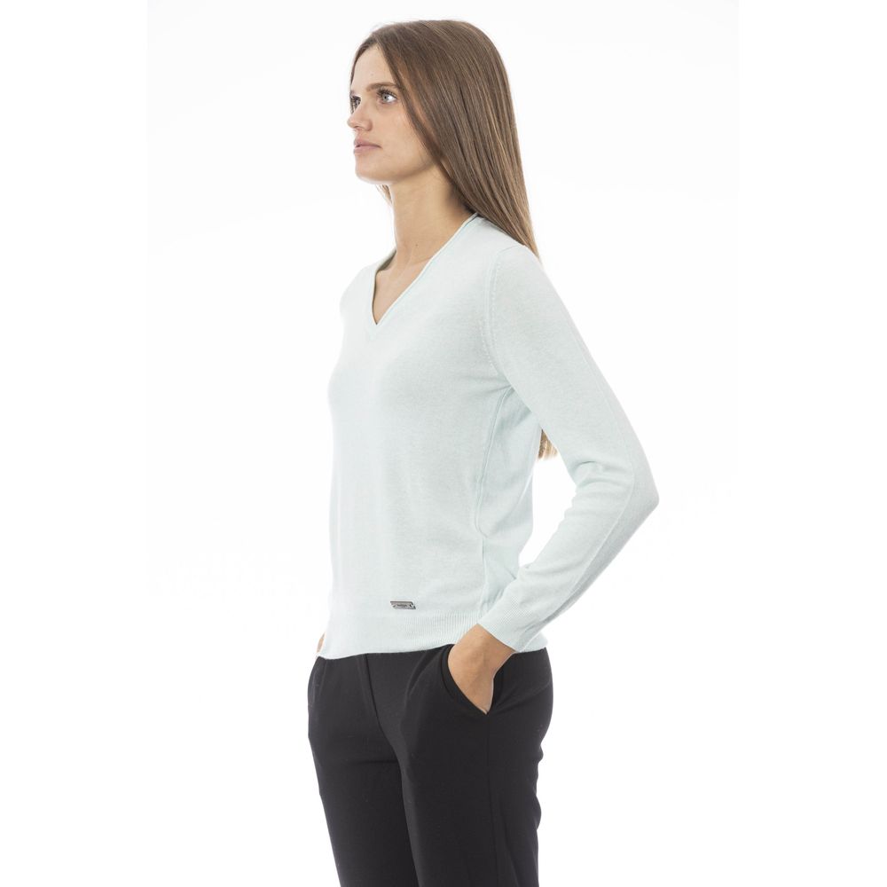 Baldinini Trend - Elegant Ribbed Trim Cashmere Blend V-Neck Sweater - Light Blue Baldinini Trend