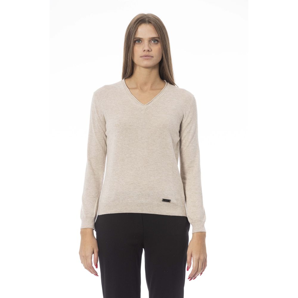 Baldinini Trend - Elegant Cashmere Blend Regular Fit V-Neck Sweater - Beige Baldinini Trend