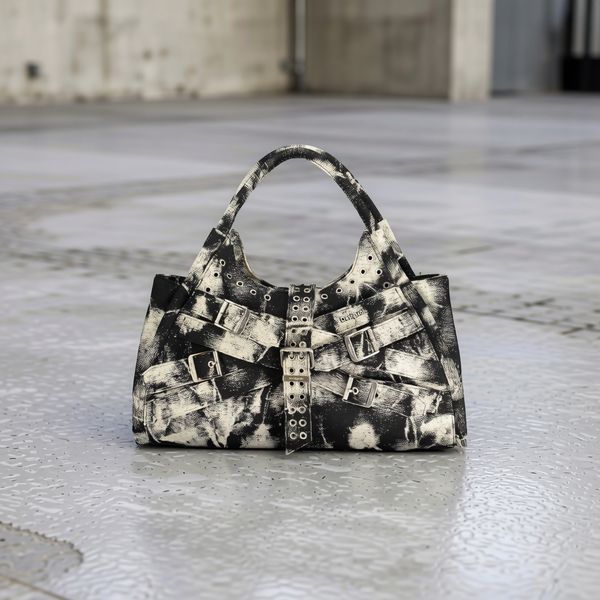 Desigual - Edgy Abstract Print Canvas Shoulder Bag With Buckles - Black Abstract Desigual