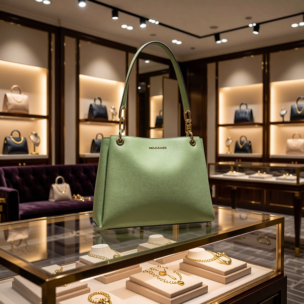Michael Kors - Sophisticated Chain Link Textured Leather Shoulder Bag - Sage Green Michael Kors